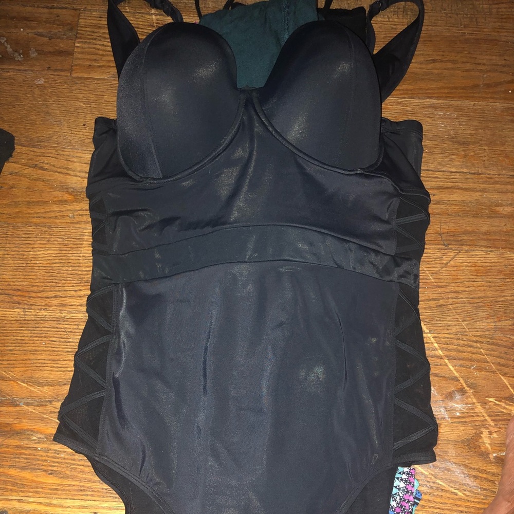 All black bathing suit lattice design